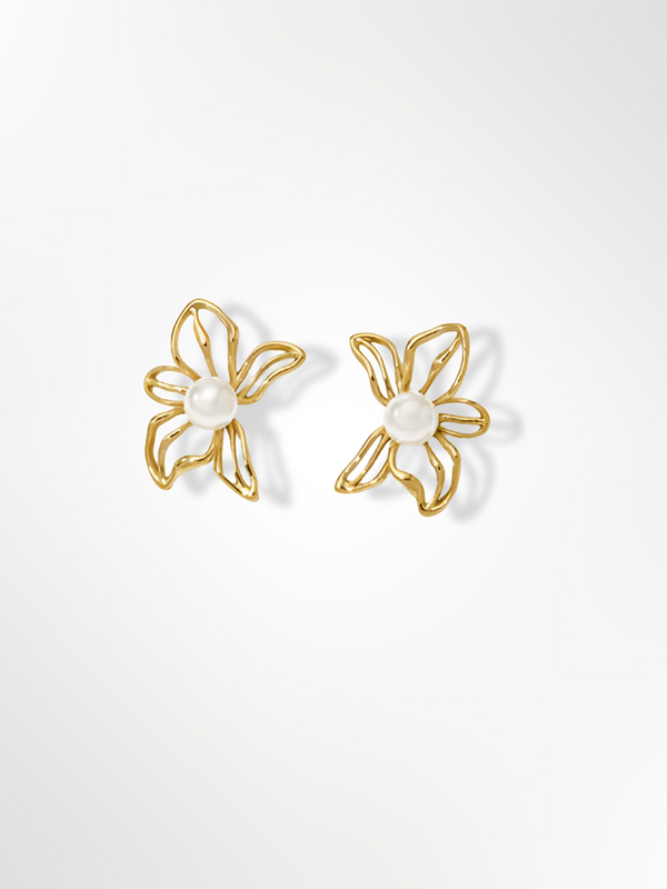 Hollow Floral Pearl Studs
