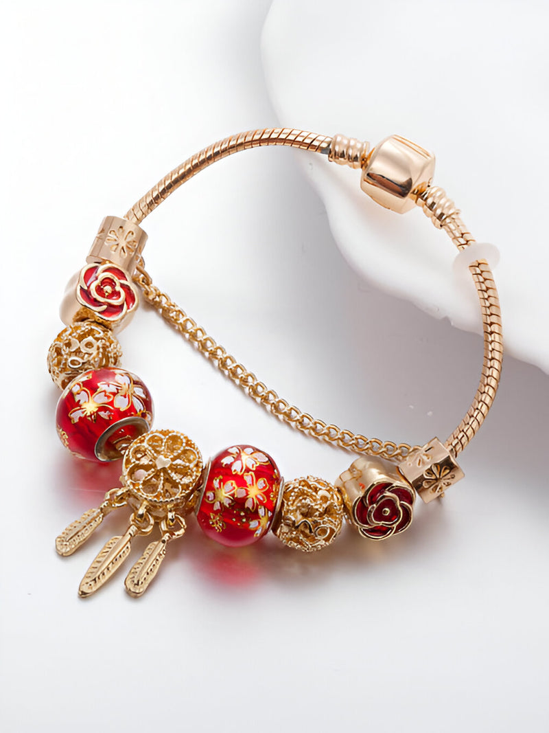 Anore Iridescent Enamel Charm Bracelet – Red & Gold Edition
