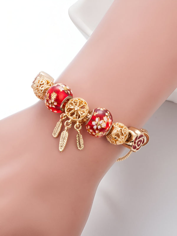 Anore Iridescent Enamel Charm Bracelet – Red & Gold Edition