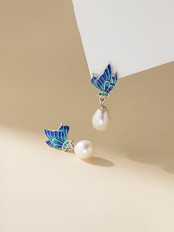 Enamel Butterfly Pearl Drop Earrings