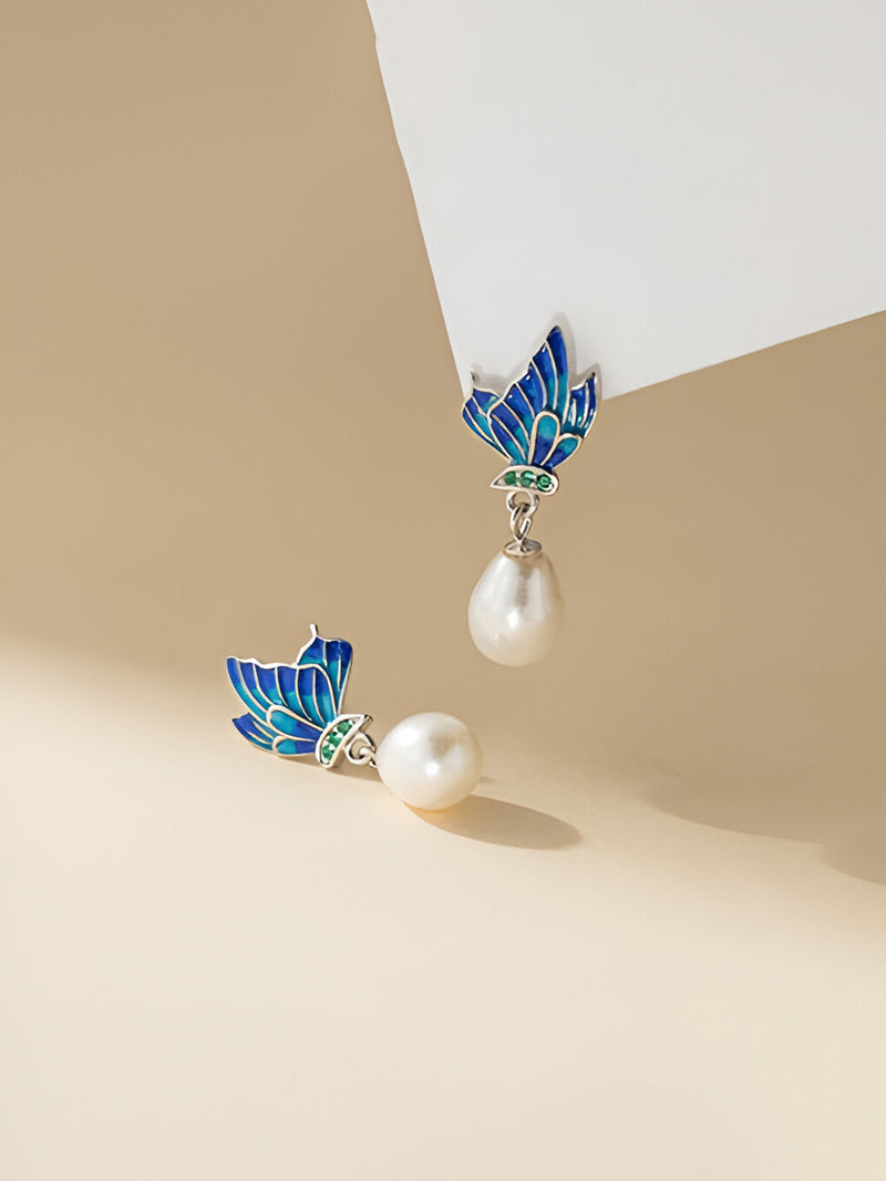 Enamel Butterfly Pearl Drop Earrings