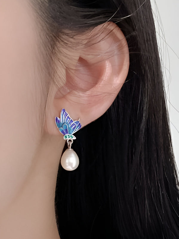 Enamel Butterfly Pearl Drop Earrings