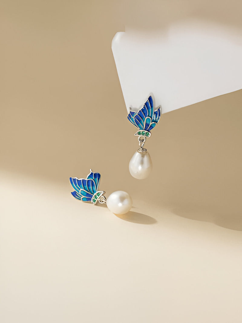 Enamel Butterfly Pearl Drop Earrings